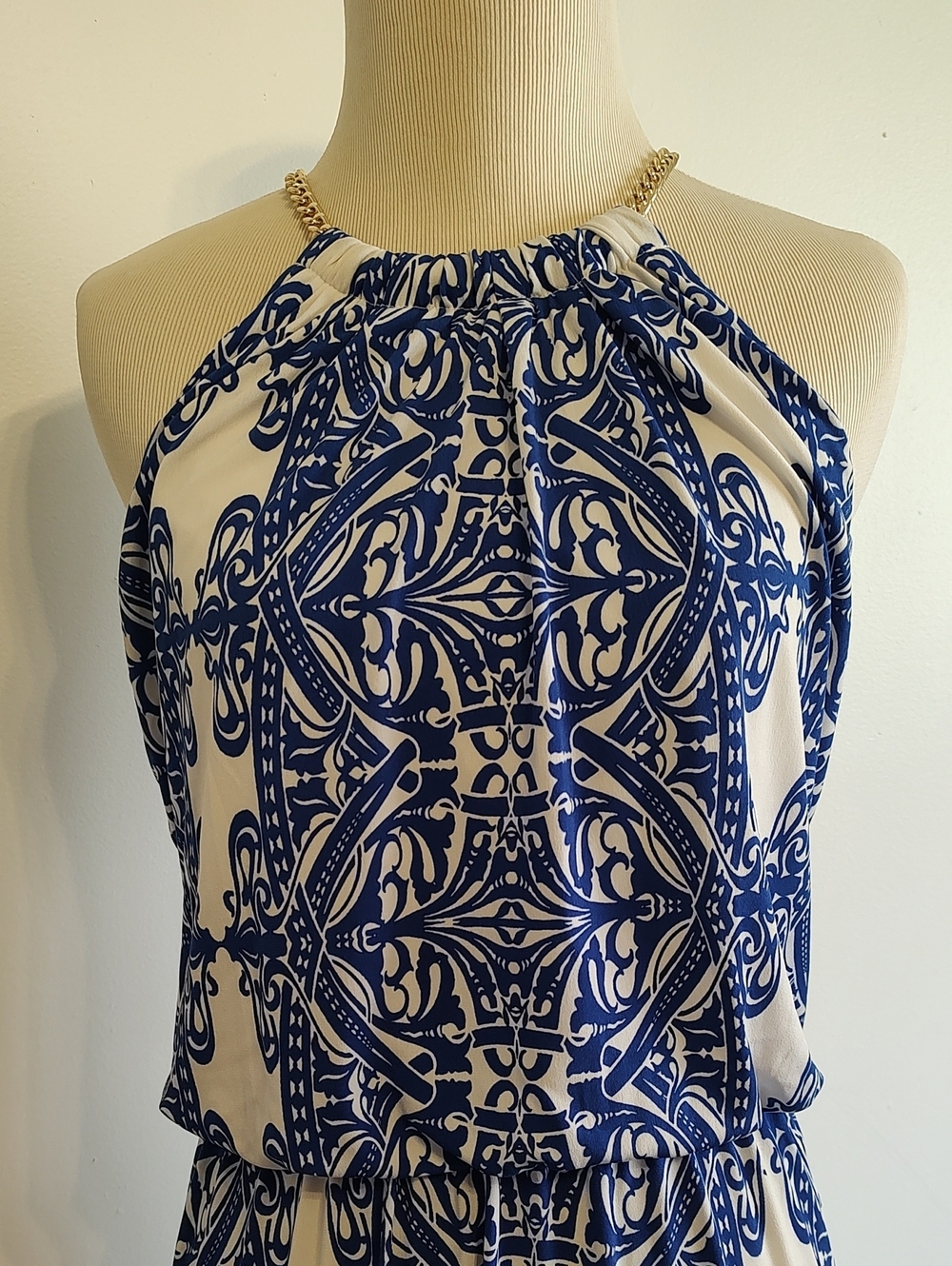 Bisou Bisou Navy and White Printed Halter Maxi Dress with Chain Detail - Picture 2 of 7